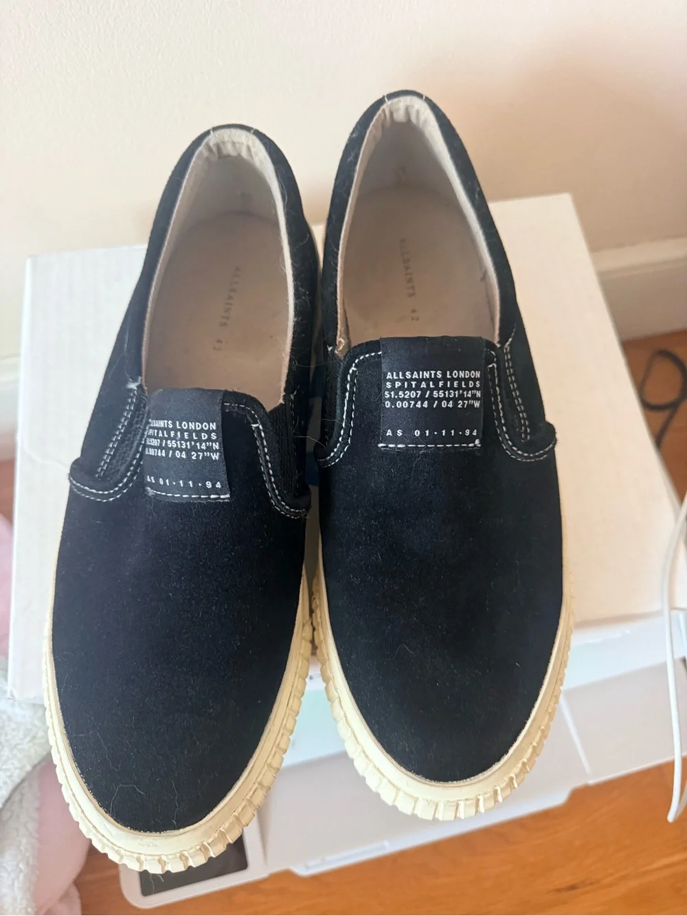 All Saints Black Canvas Slip-On Loafers with Cream Ribbed Soles